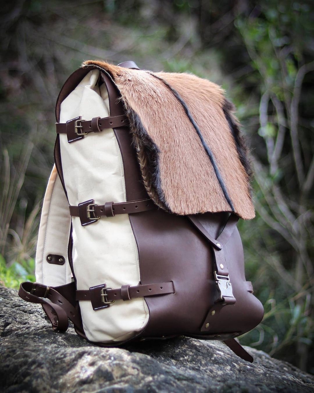 Model Name : Alexandria Template | Custom Leather-Canvas Backpack with Fur Flap, You can Redesign-Customize the item | 30 Liter to 80 Liter Options bushcraft - camping - hiking backpack 99percenthandmade   