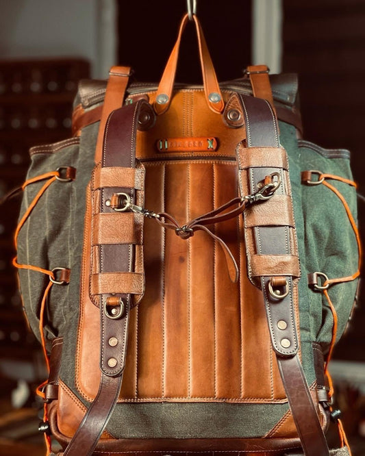 Custom order for dennis | Camping Backpacks | Green Backpack | Camping Design Awards | Handmade Leather and Waxed Backpack for Travel, Camping,Military, Hiking | 45 Liter | Personalization bushcraft - camping - hiking backpack 99percenthandmade   
