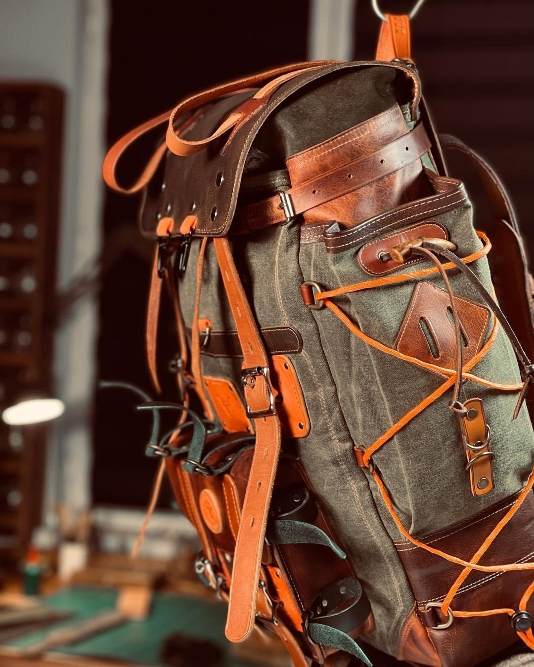 Custom order for Malulik Green Backpack Babylon | Bushcraft Design Awards | Handmade Leather and Waxed Backpack for Travel, Camping,Military | 45 Liter | Personalization bushcraft - camping - hiking backpack 99percenthandmade   