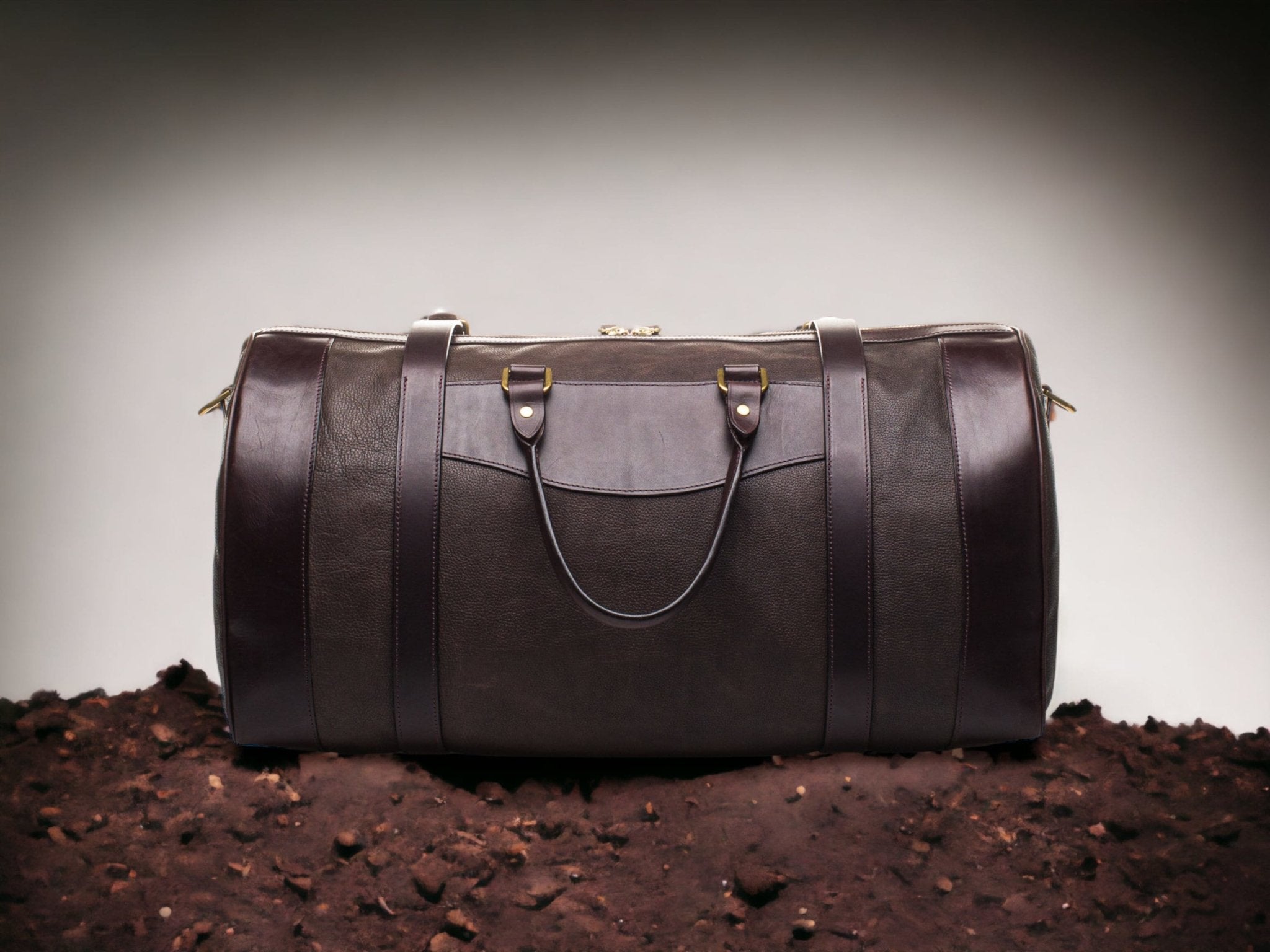 Dark brown leather duffle bag discount