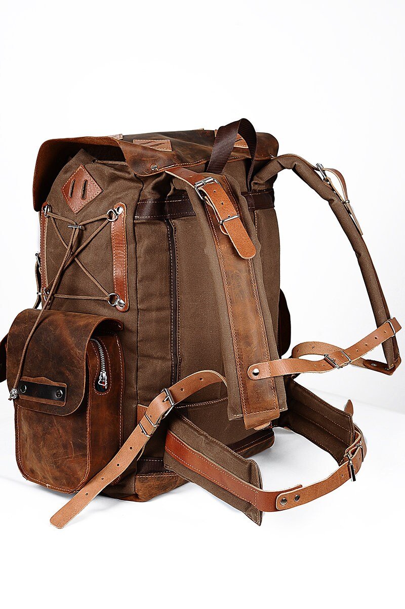 Daypack Laptop Backpack Handmade Waxed Canvas and Leather, 40L-50L Size Options  99percenthandmade   
