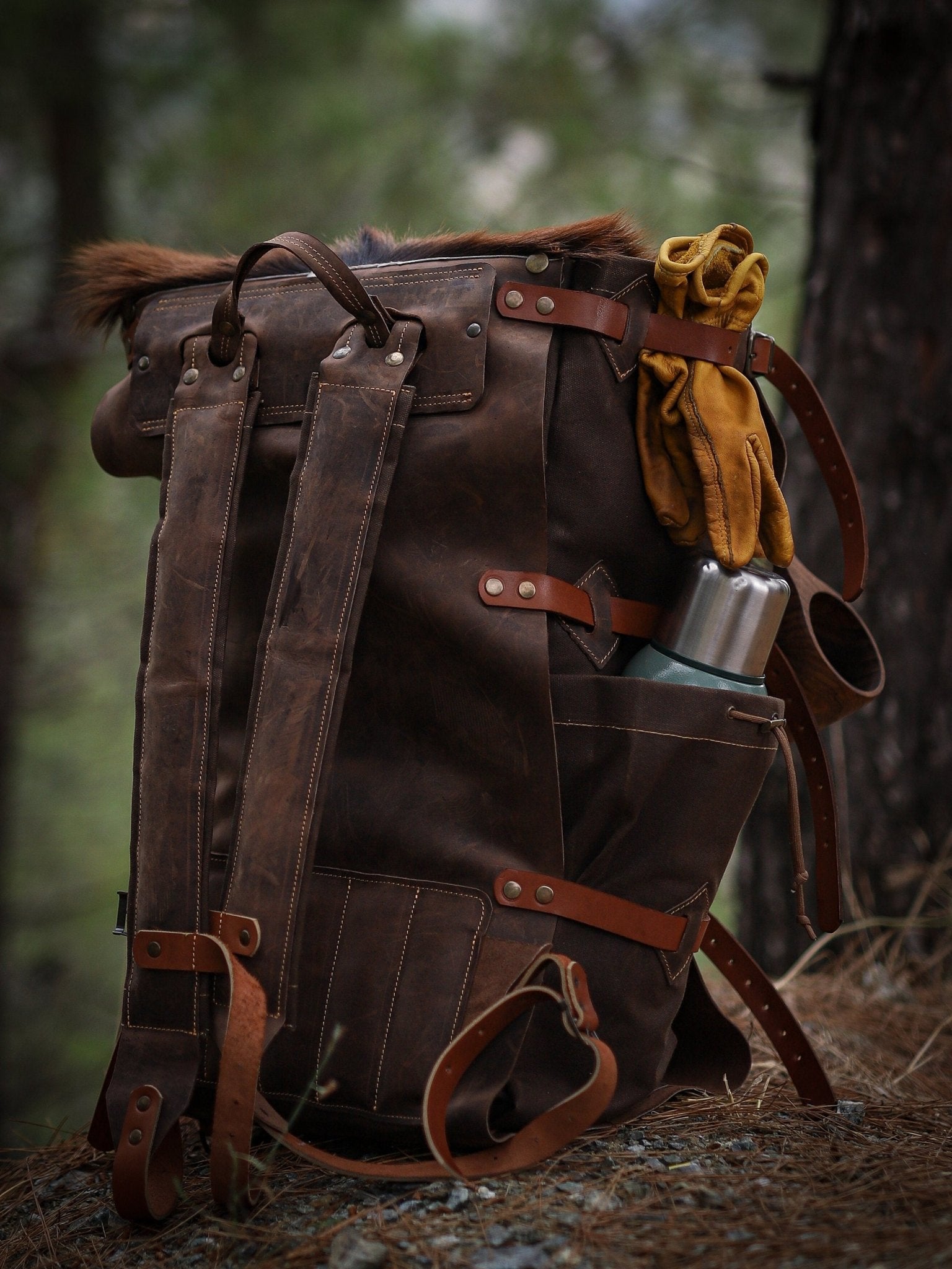 Handmade Camping Backpack, Fur Flap, Leather and Canvas