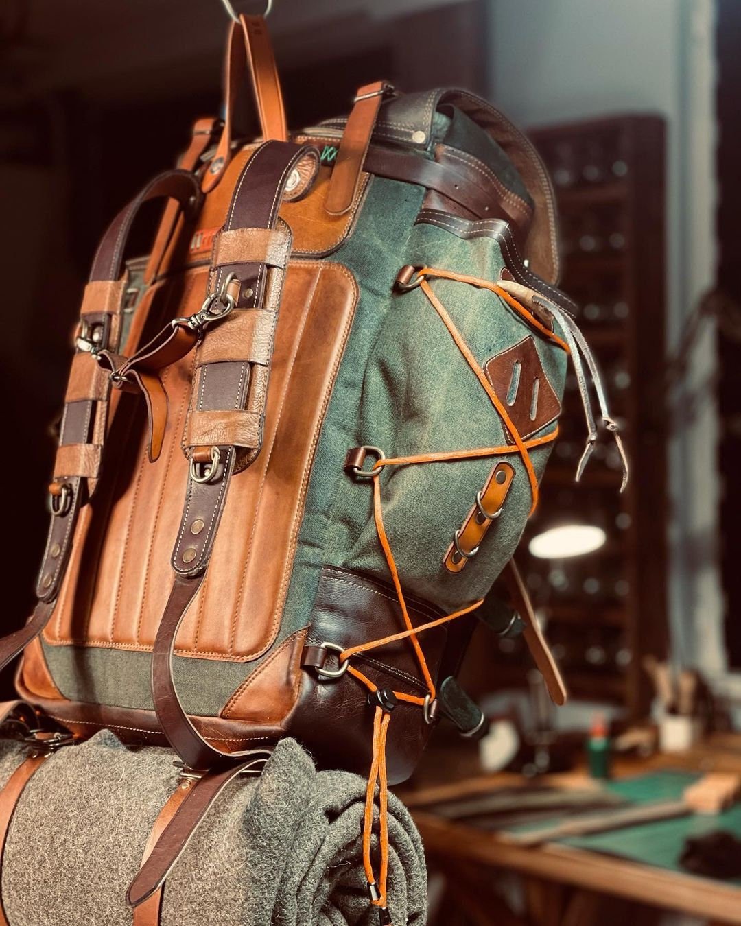 Green Backpack | Bushcraft Design Awards | Handmade Leather and Waxed Backpack for Travel, Camping,Military | 45 Liter | Personalization bushcraft - camping - hiking backpack 99percenthandmade   