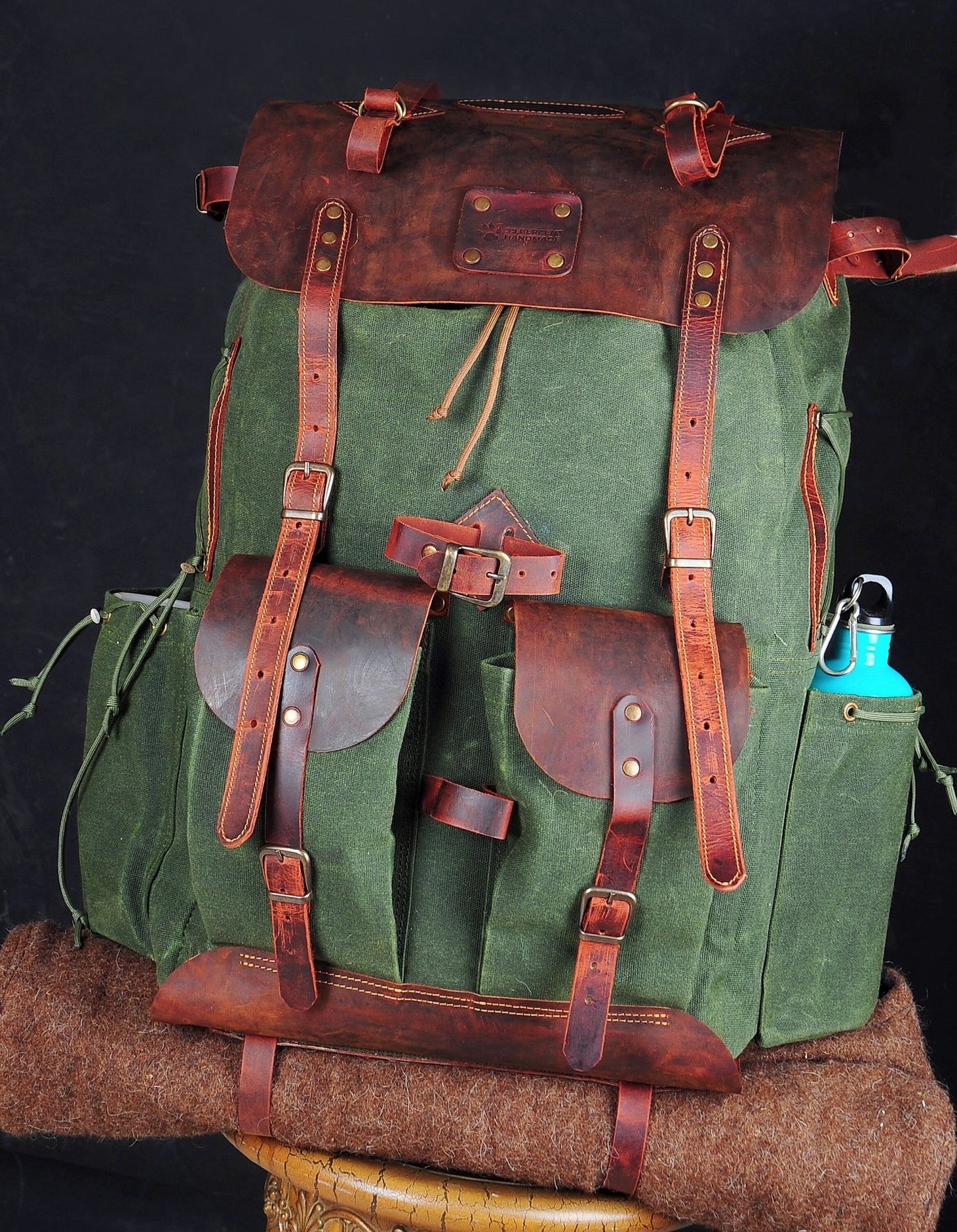 Green Bestseller | Leather Backpack | Waxed Canvas Bag | Travel | Bushcraft | Camping | Green, Brown Options | 50 Liters | Personalization  99percenthandmade   
