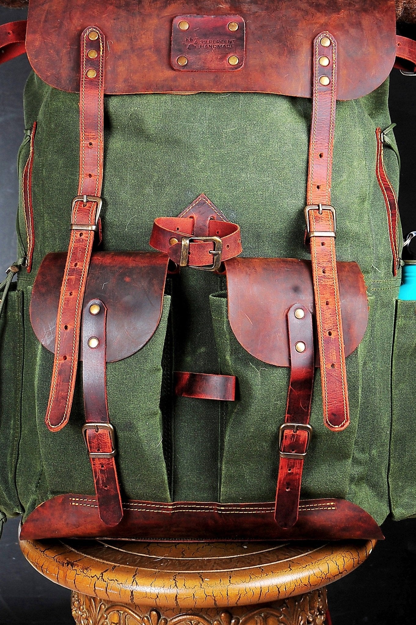 Green Bestseller | Leather Backpack | Waxed Canvas Bag | Travel | Bushcraft | Camping | Green, Brown Options | 50 Liters | Personalization bushcraft - camping - hiking backpack 99percenthandmade   