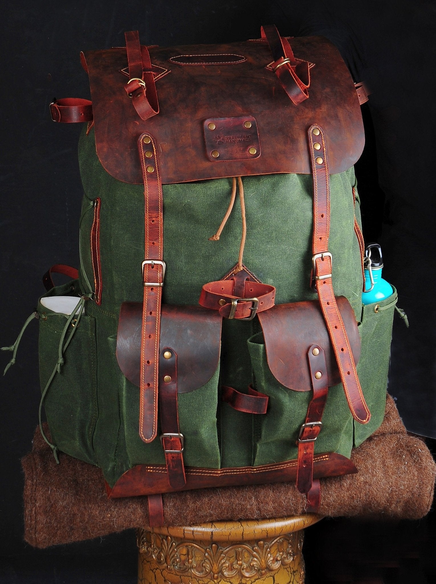 Bushcraft Handmade Green Canvas and Brown Leather Backpack.