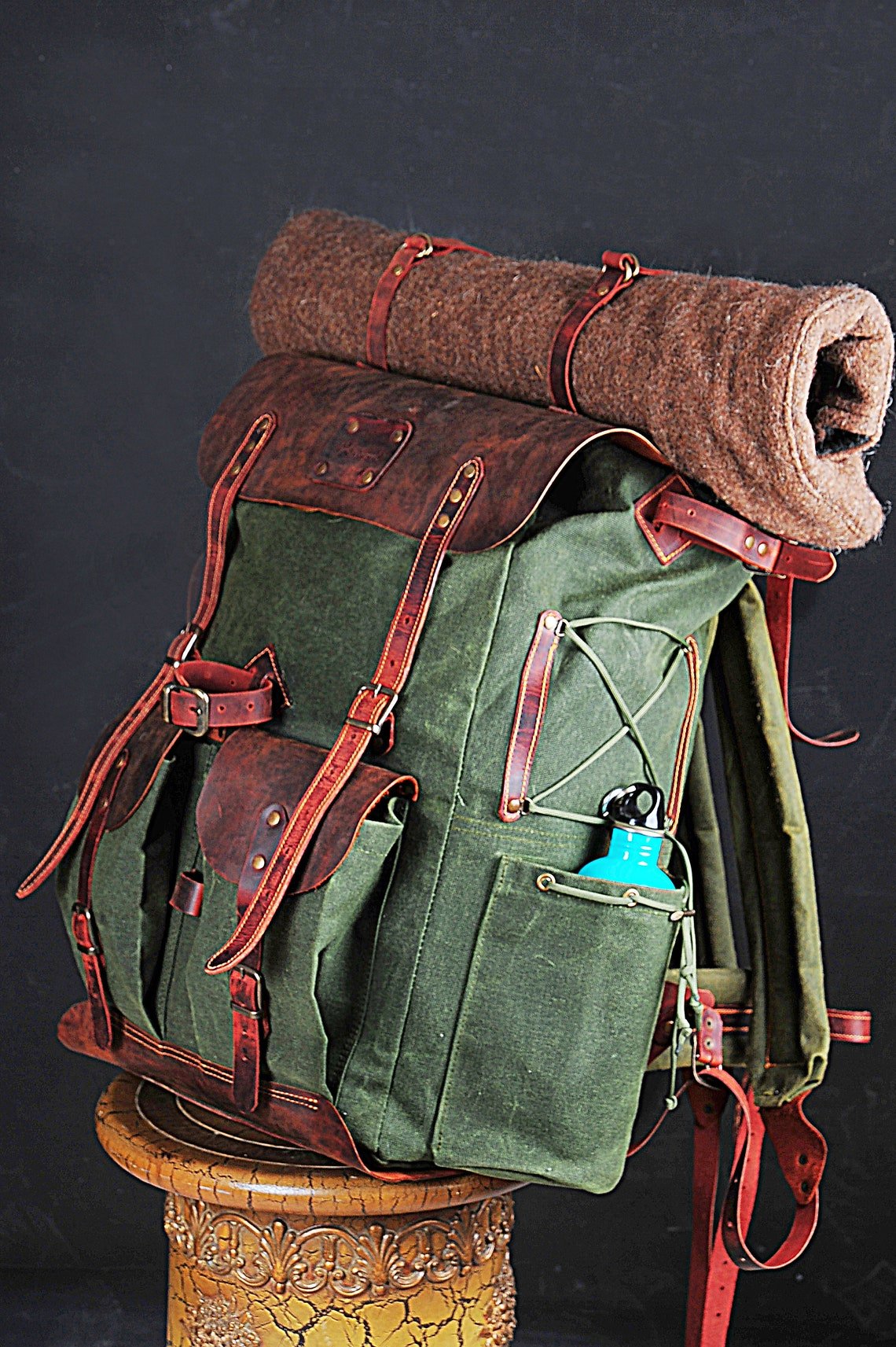 craftsman green canvas with leather trim backpack Bushcraft Handmade Green Canvas and Brown Leather Backpack