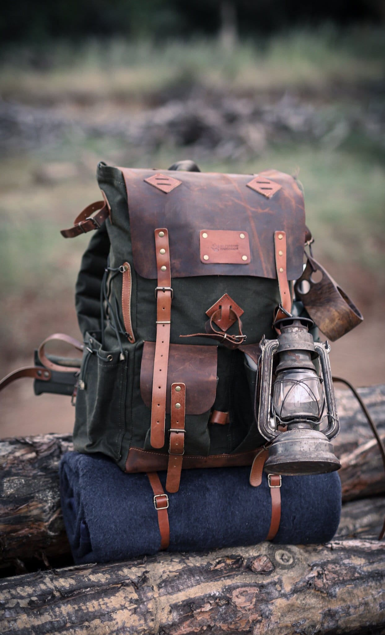 Green Brown Black Hiking Backpack  30 Liter to 80 Liter options waxed canvas and leather  99percenthandmade   