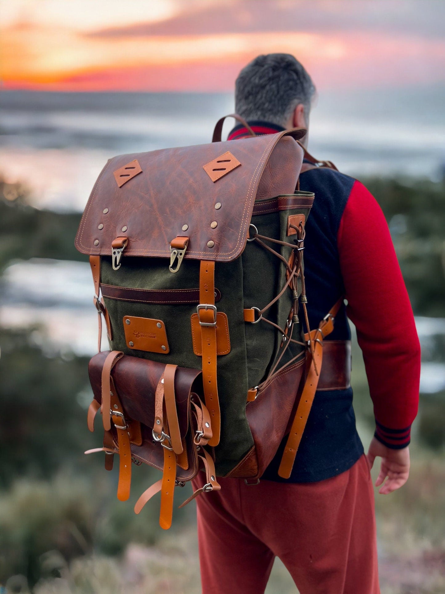 Handmade | Camping Backpack | Canvas Leather Backpack | 50 L  | Daily Use | Bushcraft, Travel, Camping, Hunting, Fishing, Sports bag  99percenthandmade   