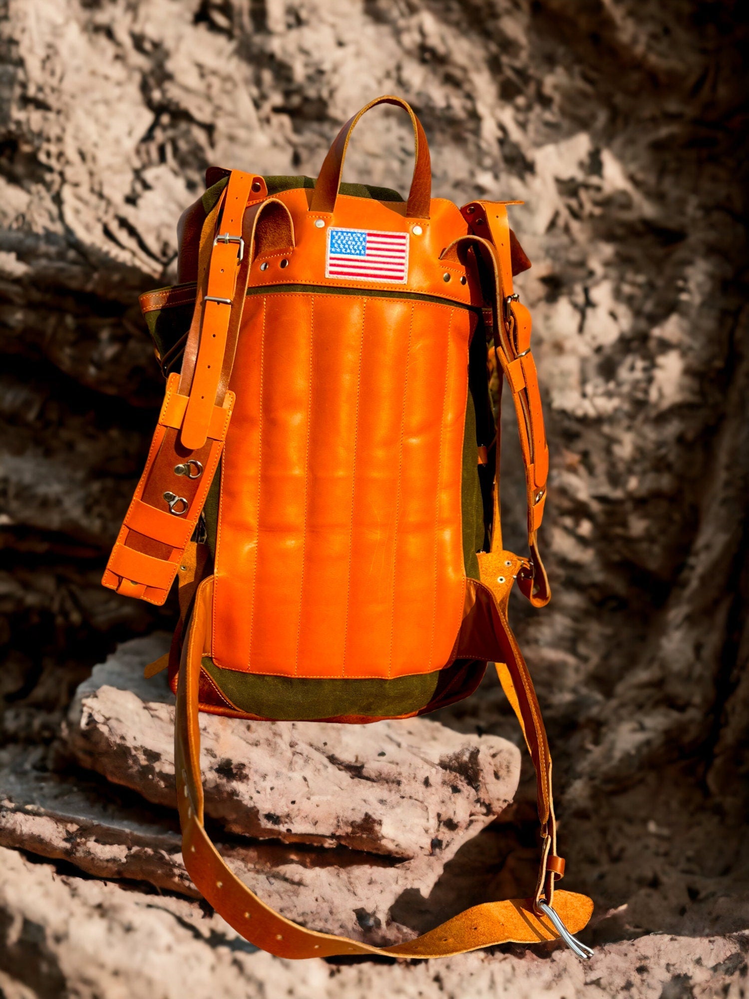 Handmade Brown Leather, Green Canvas Bushcraft Backpack