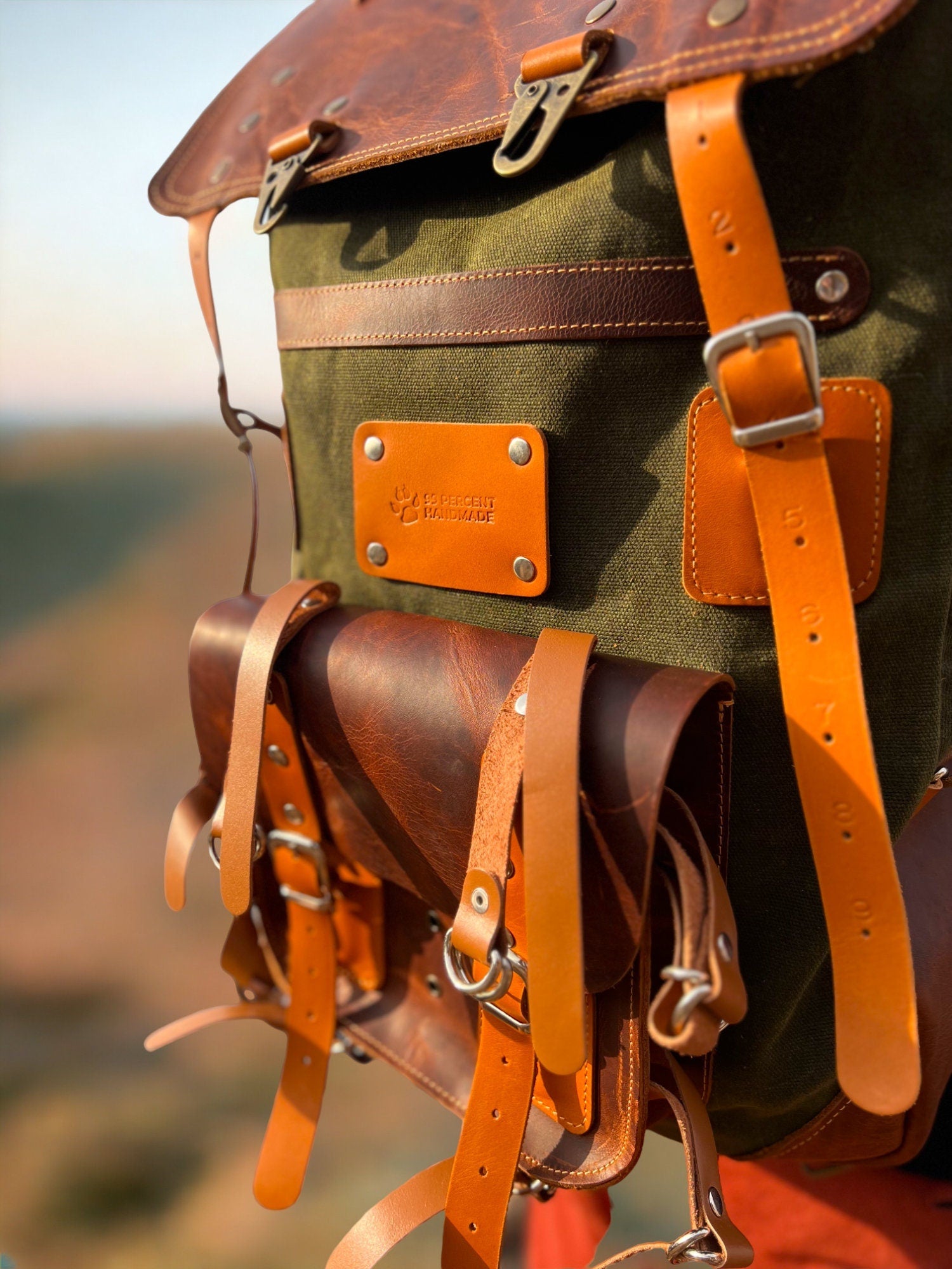 50l leather backpack Handmade Brown Leather, Green Canvas Bushcraft Backpack