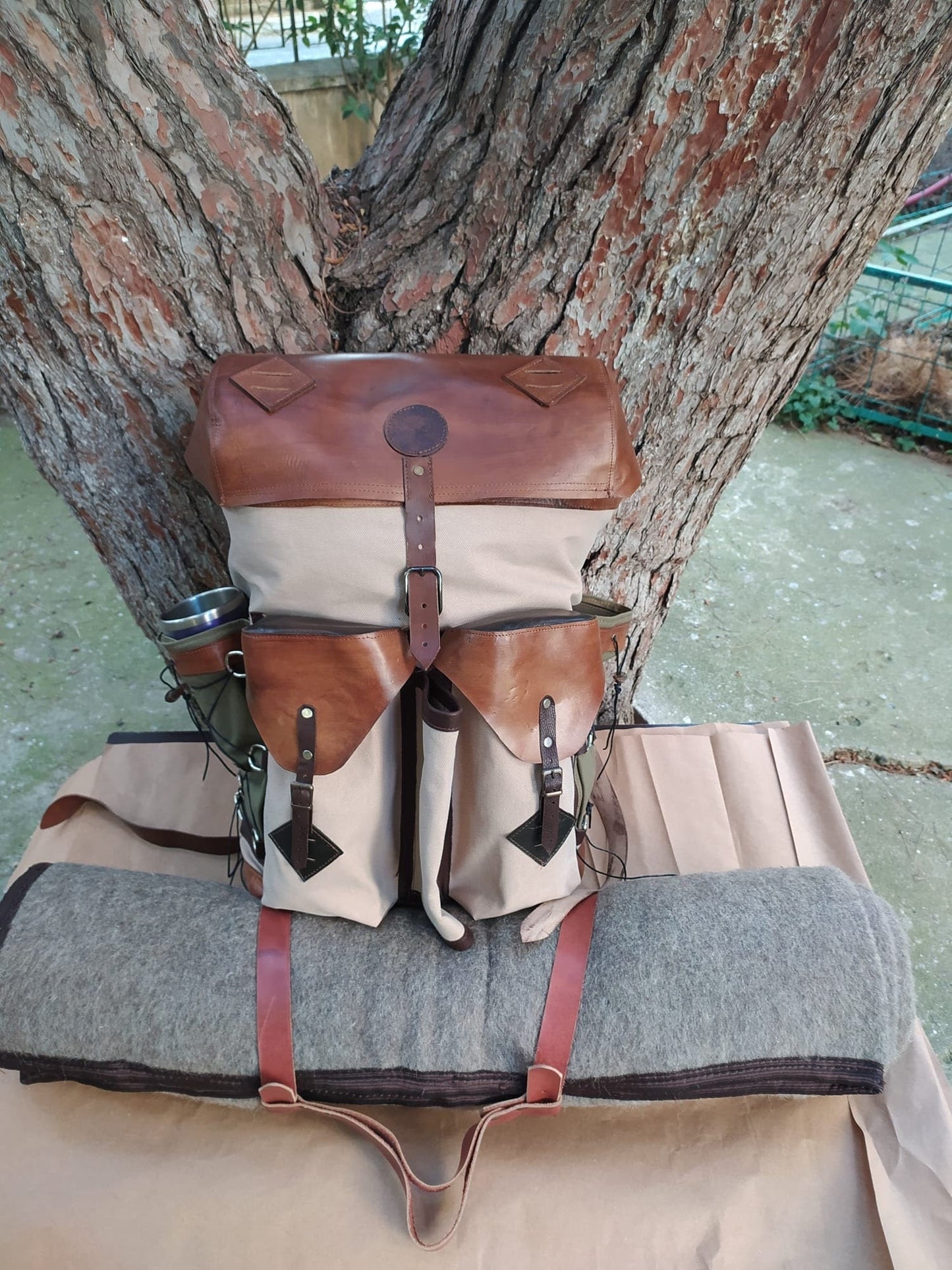 Handmade Fur with Leather and Waxed Canvas backpack | Bag for Travel, Camping, Daypack, Hiking, bushcraft | 45 Liter | Personalization bushcraft - camping - hiking backpack 99percenthandmade   