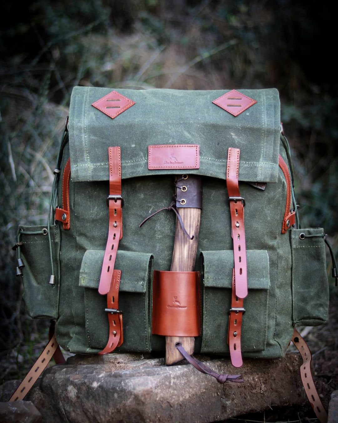 Handmade Genuine Green Leather and Waxed Canvas Backpack for Travel, Camping | 30 Liter | Personalization for your request  99percenthandmade   