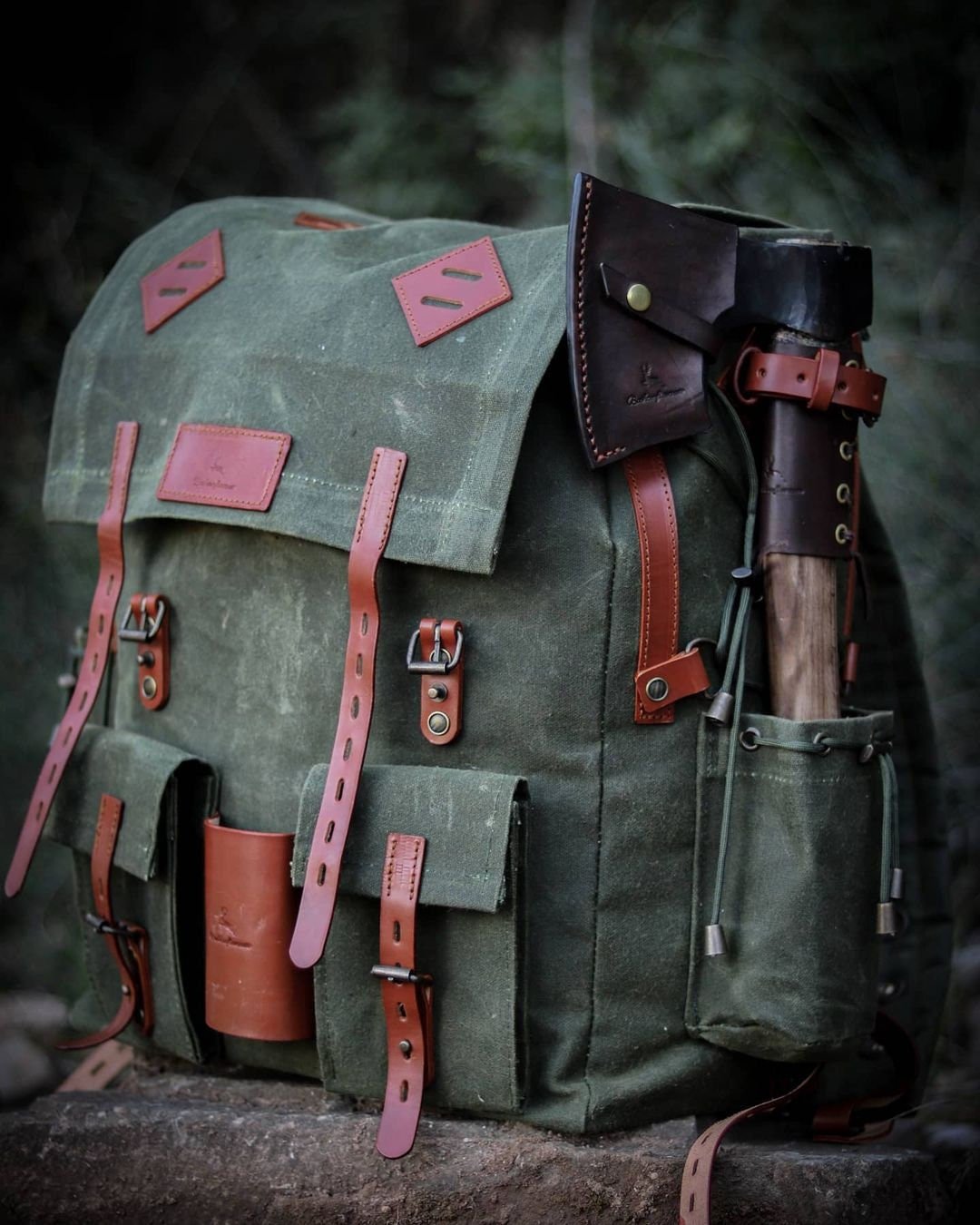 Handmade Genuine Green Leather and Waxed Canvas Backpack for Travel, Camping | 30 Liter | Personalization for your request bushcraft - camping - hiking backpack 99percenthandmade   