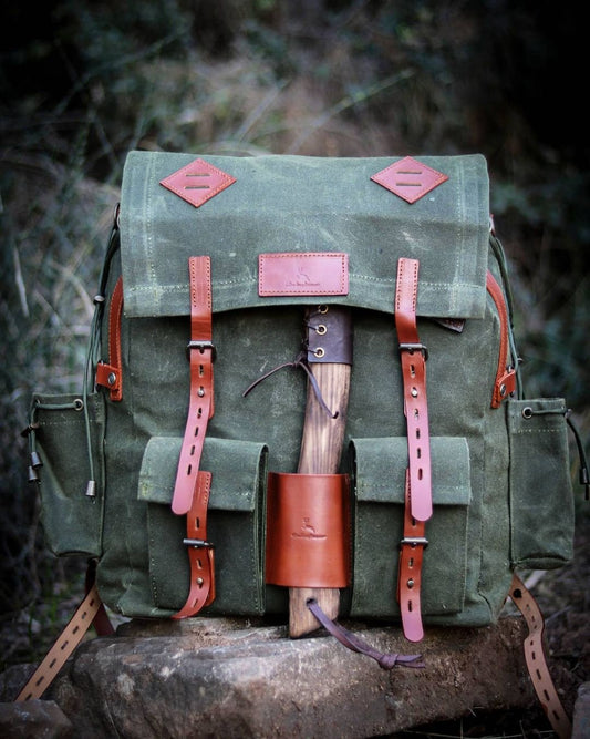 Handmade Genuine Green Leather and Waxed Canvas Backpack for Travel, Camping | 30 Liter | Personalization for your request bushcraft - camping - hiking backpack 99percenthandmade   
