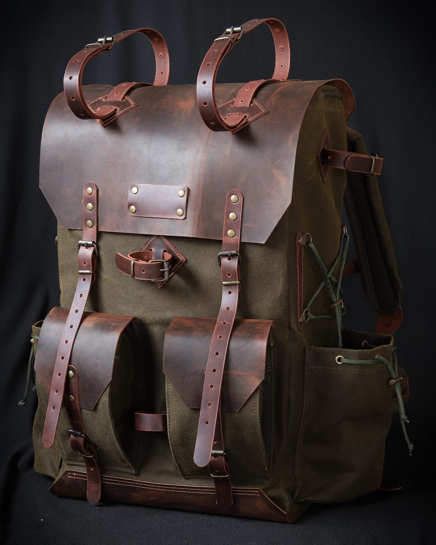 Handmade Genuine Green Leather and Waxed Canvas Backpack for Travel, Camping | 50 Liters | Personalization for your request bushcraft - camping - hiking backpack 99percenthandmade   