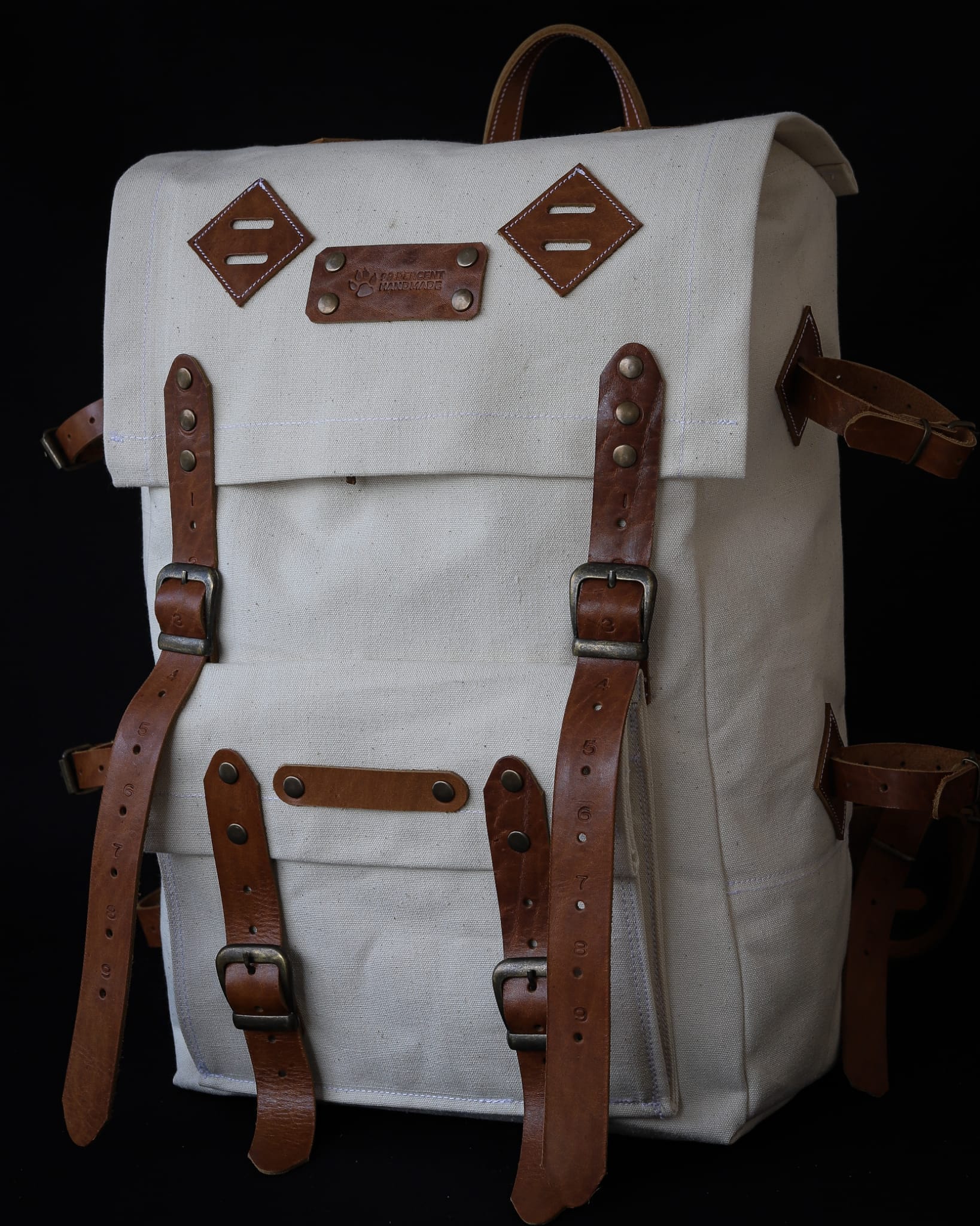 Handmade Genuine White Leather and Waxed Canvas Backpack for Travel, Camping | 20 Litres | Personalization for your request  99percenthandmade   
