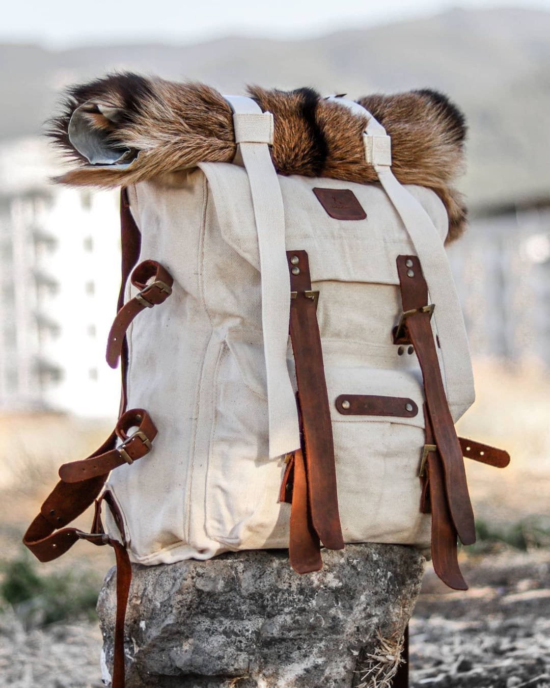 designer white leather backpack Handmade Genuine White Leather and Waxed Canvas Backpack for Travel, Camping