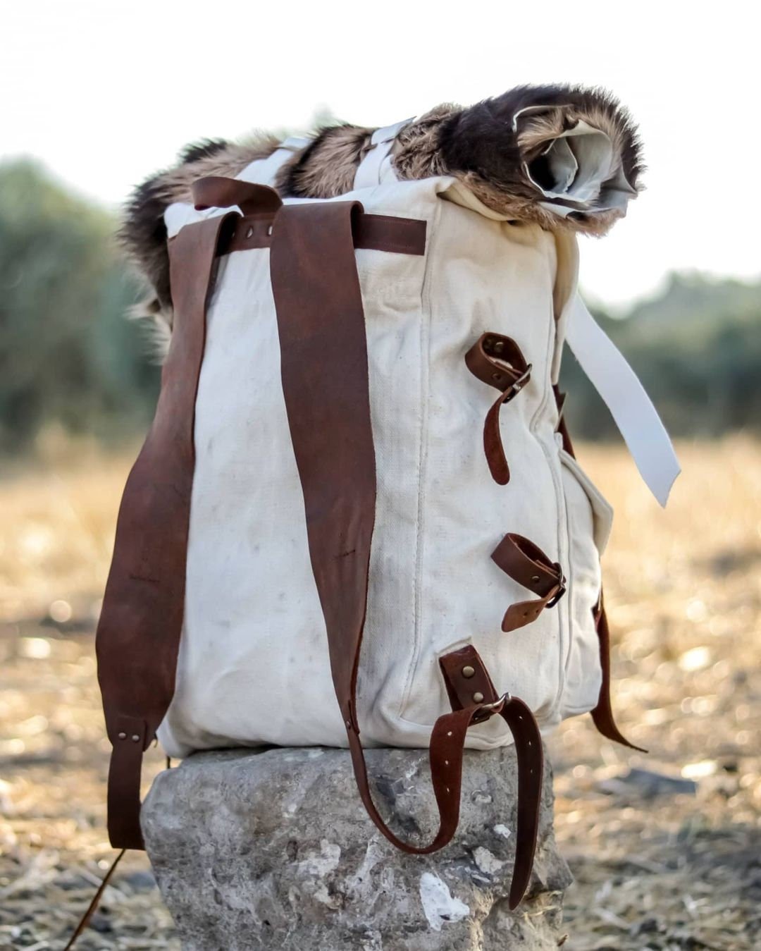 Handmade Genuine White Leather and Waxed Canvas Backpack for Travel, Camping