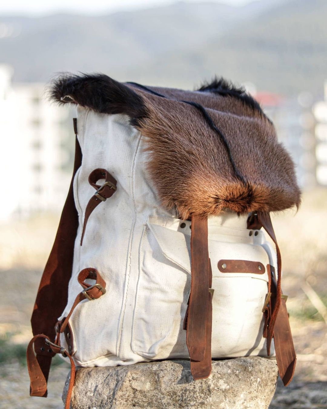 Handmade Genuine White Leather and Waxed Canvas Backpack for Travel, Camping | 20 Litres | Personalization for your request bushcraft - camping - hiking backpack 99percenthandmade   