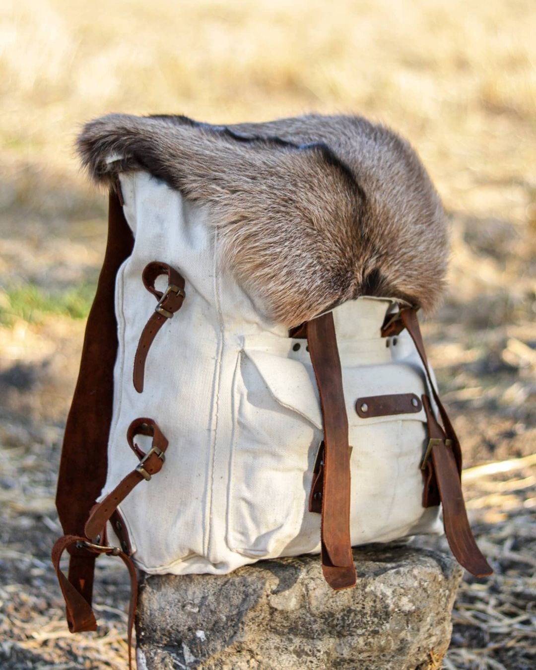 Handmade Genuine White Leather and Waxed Canvas Backpack for Travel, Camping | 20 Litres | Personalization for your request bushcraft - camping - hiking backpack 99percenthandmade   
