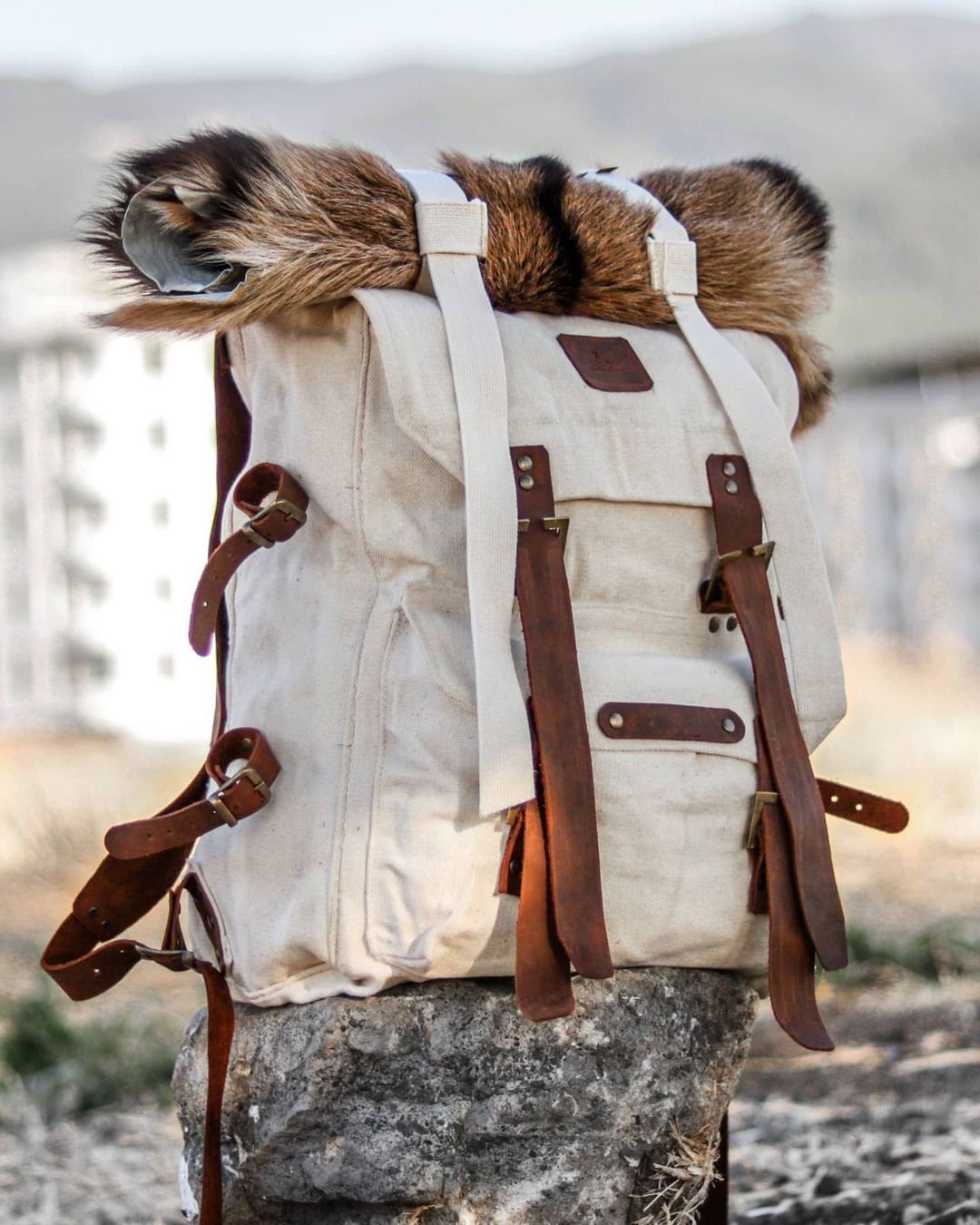 all white leather backpack Handmade Genuine White Leather and Waxed Canvas Backpack for Travel, Camping