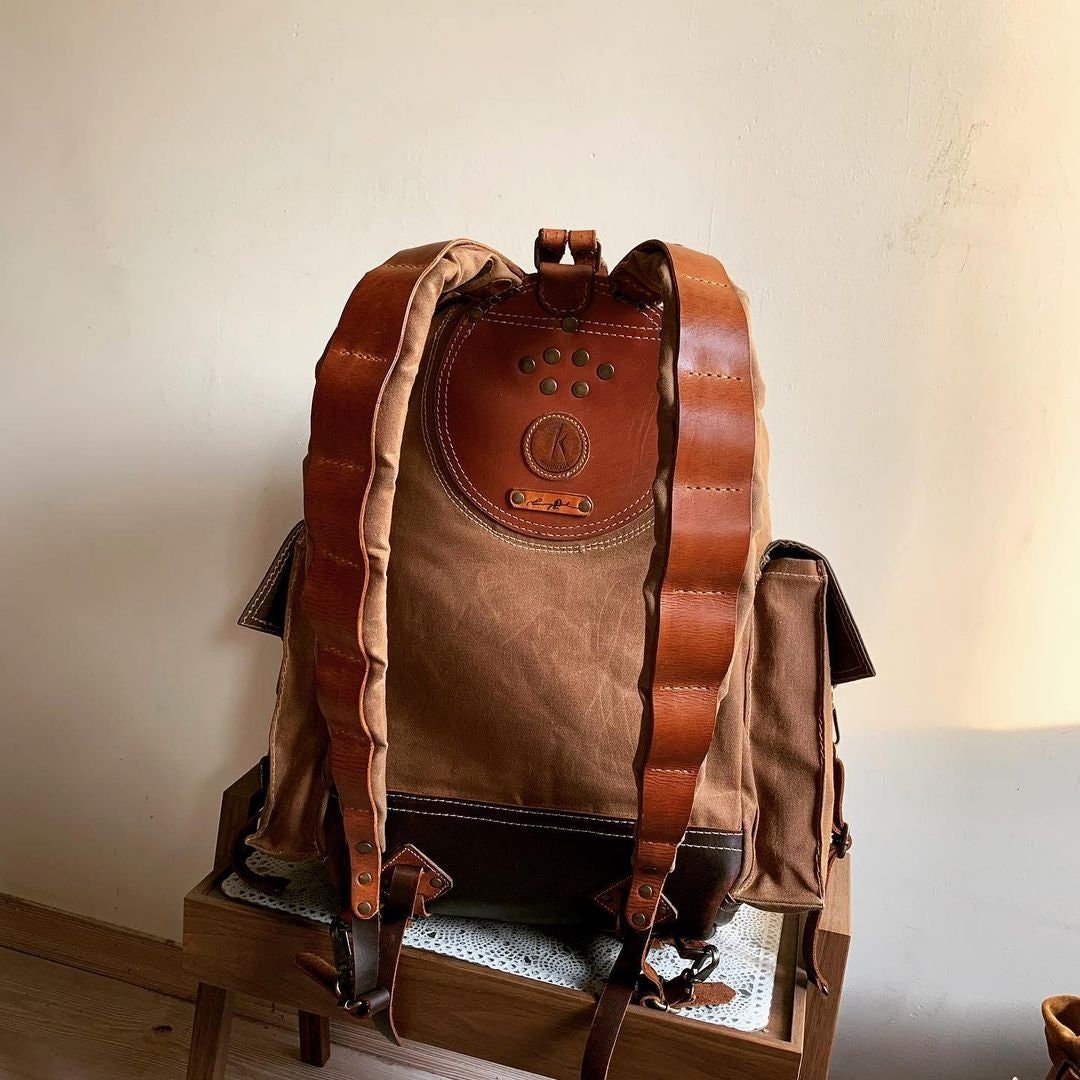 Handmade Leather and Waxed Canvas  Backpack for Travel bag, Camping bag, military bag  | 37 to 40 Liter | Personalization  for your request bushcraft - camping - hiking backpack 99percenthandmade   