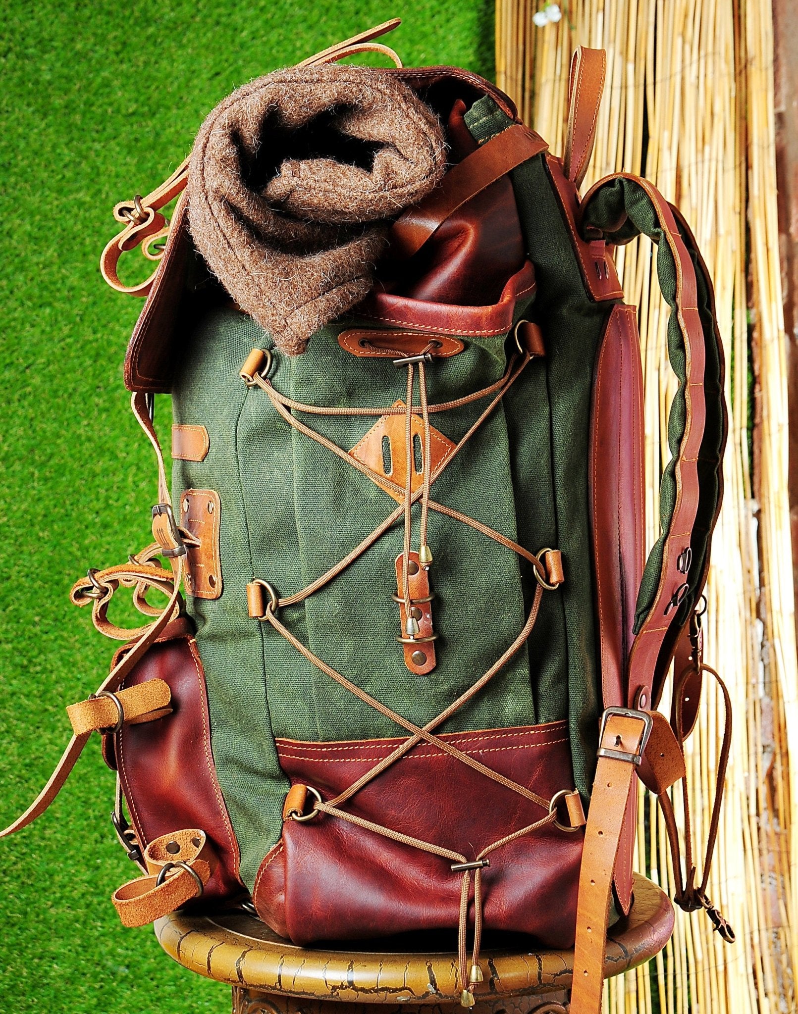 Handmade Leather Backpack | Green | Waxed Canvas Backpack | Bushcraft Backpack | Travel, Camping, Hiking | Personalization for your request bushcraft - camping - hiking backpack 99percenthandmade   