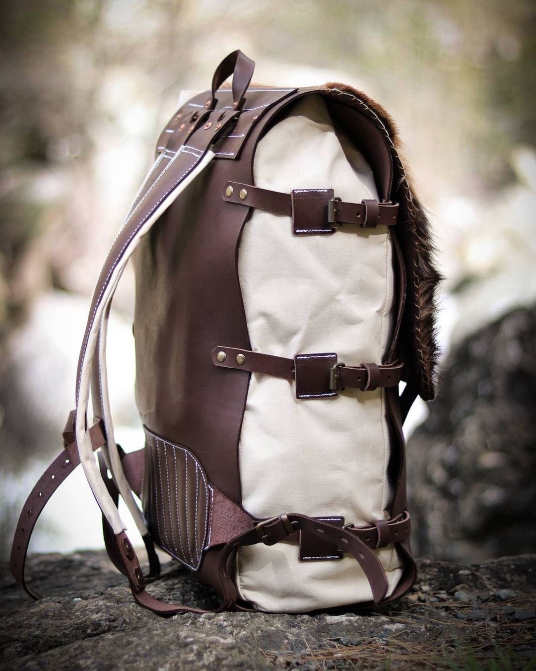 canvas leather waterproof backpack Bushcraft Backpack, Leather and Canvas Backpack, Fur Details