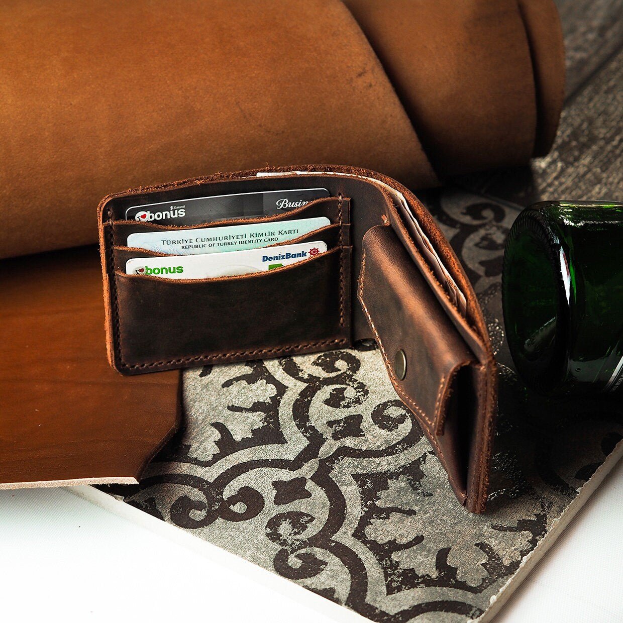 Handmade Wallet with Coin Pocket 2 Colour Tobacco and Brown Personalized Wallet | Gift For Him | You can Engrave inside outside of Wallet  99percenthandmade   