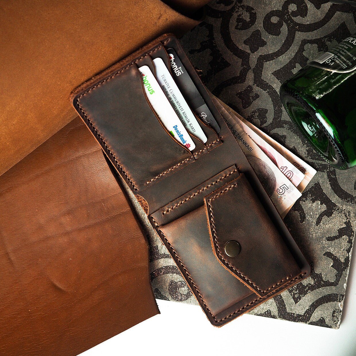Handmade Wallet with Coin Pocket 2 Colour Tobacco and Brown Personalized Wallet | Gift For Him | You can Engrave inside outside of Wallet  99percenthandmade   