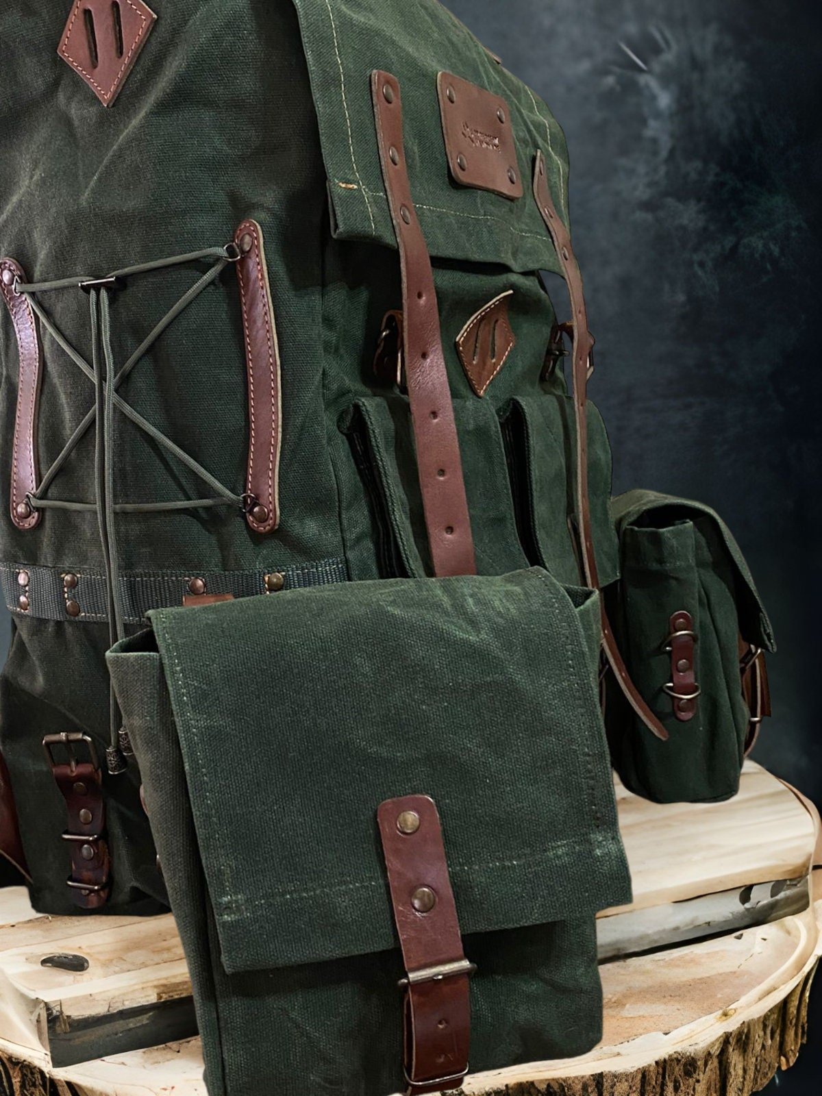 Handmade Waxed Canvas Leather Backpack | Detachable Pouches | 50 L | Daily Use | Bushcraft, Travel, Camping, Hunting, Fishing, Sports bag  99percenthandmade   