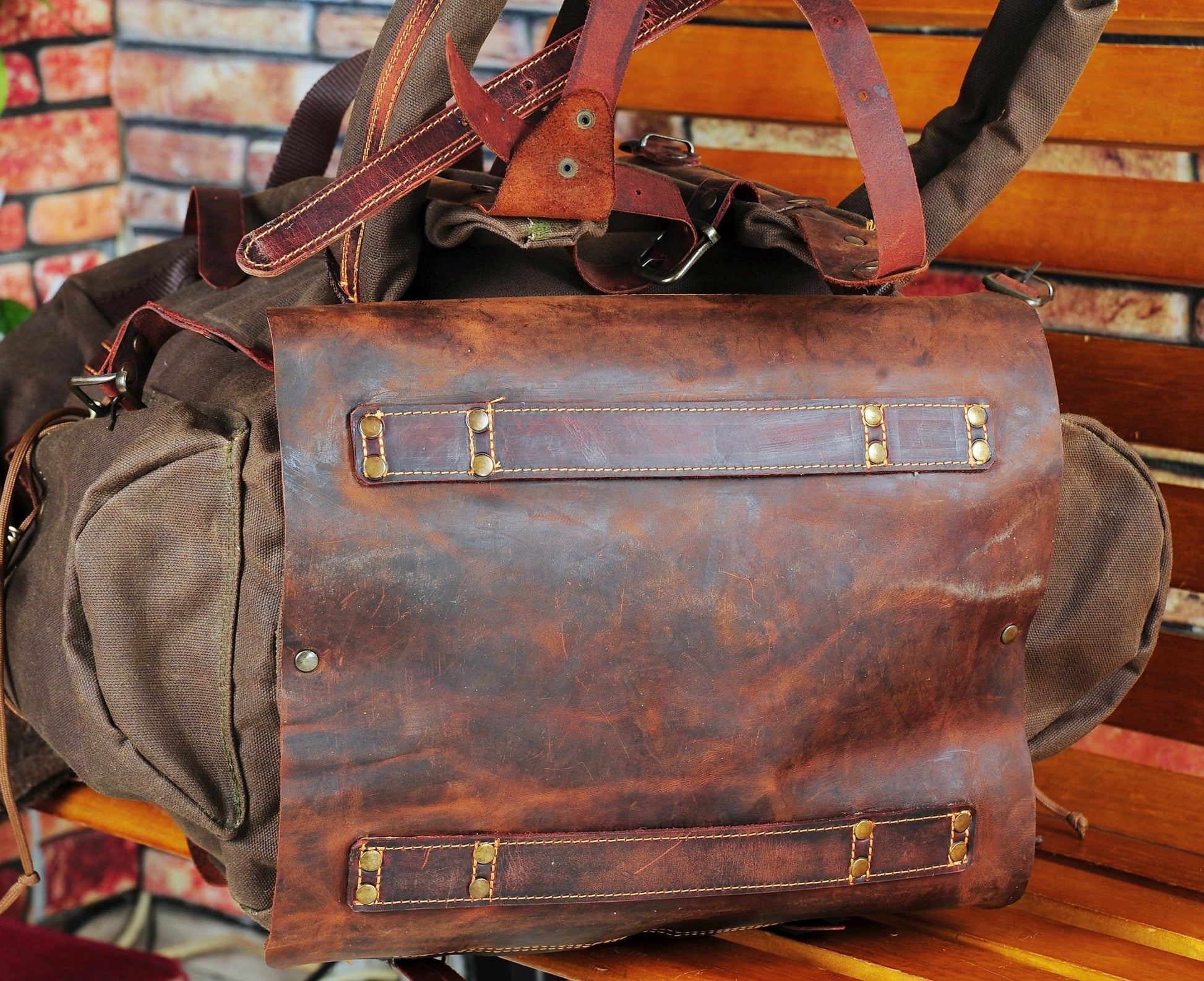 canvas leather briefcase backpack Handmade Waxed Canvas Leather Backpack | Detachable Pouches | 50 L | Daily Use