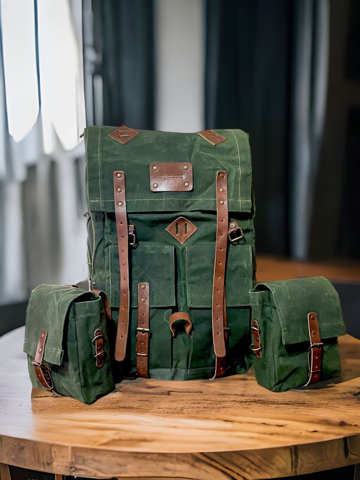 craftsman green canvas with leather trim backpack Handmade Waxed Canvas Leather Backpack | Detachable Pouches | 50 L