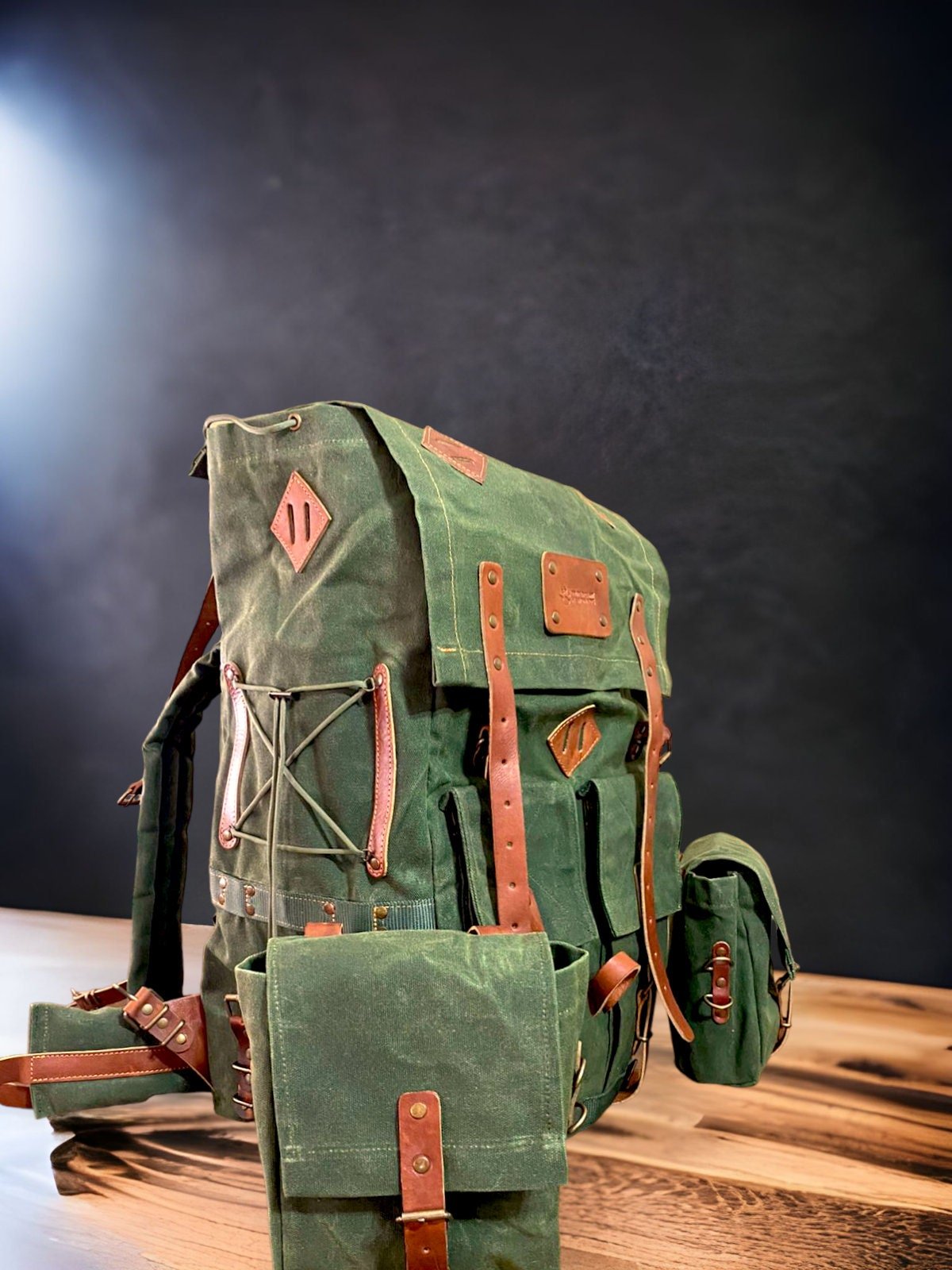 Handmade Waxed Canvas Backpack 50 L Green Brown Options Leather