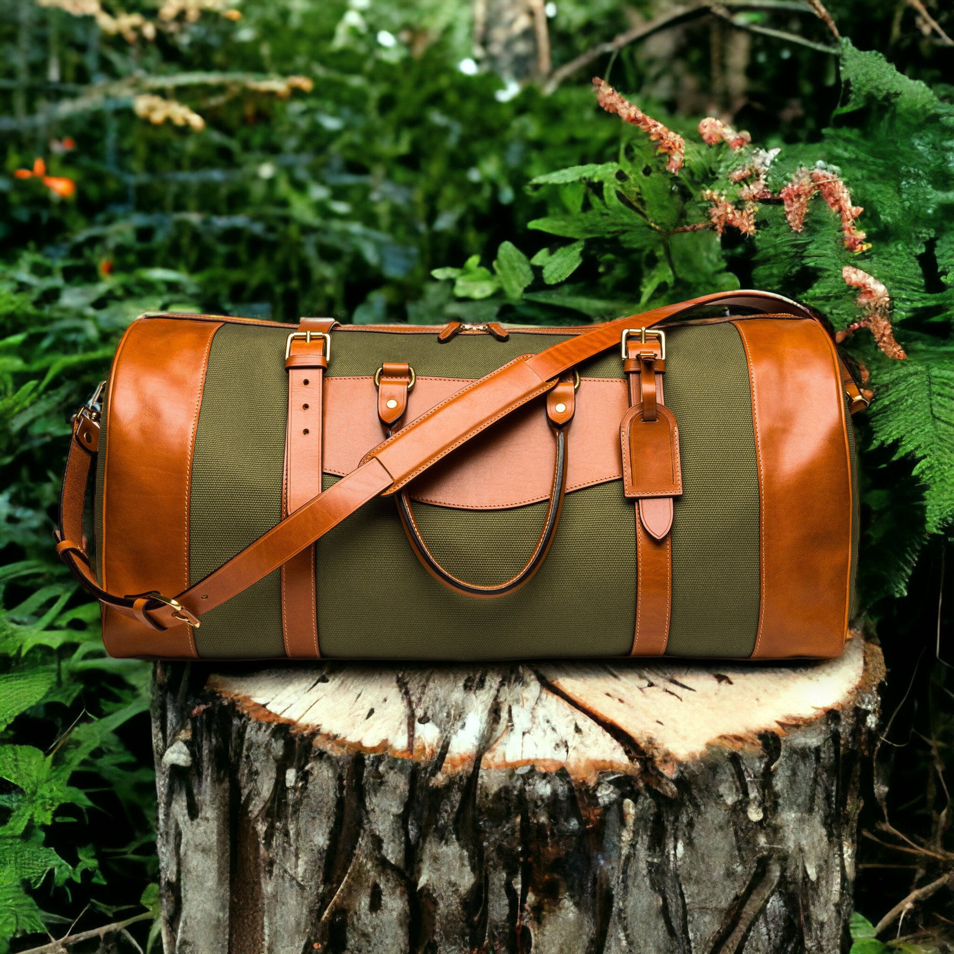 crossbody travel duffel bag Khaki Canvas - Tan Leather | Duffle Bag | Handmade Duffle Bag
