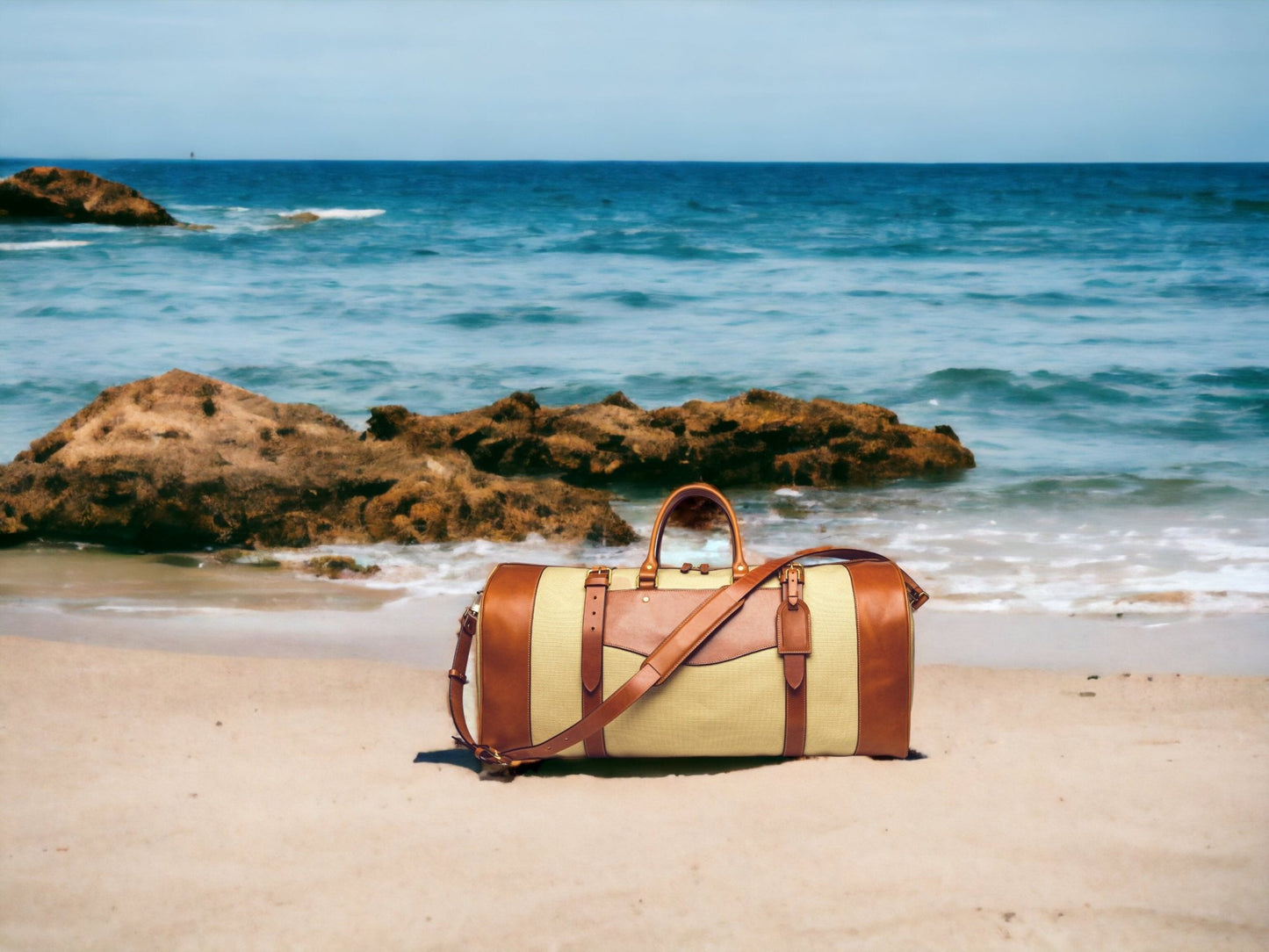 Khaki Canvas - Tan Leather | Duffle Bag | Handmade Duffle Bag  | Weekend Bag | Travel | Leather Bag | Duffle Purse Crossbody | Limited  99percenthandmade Cream - Tan Small - Liner No 