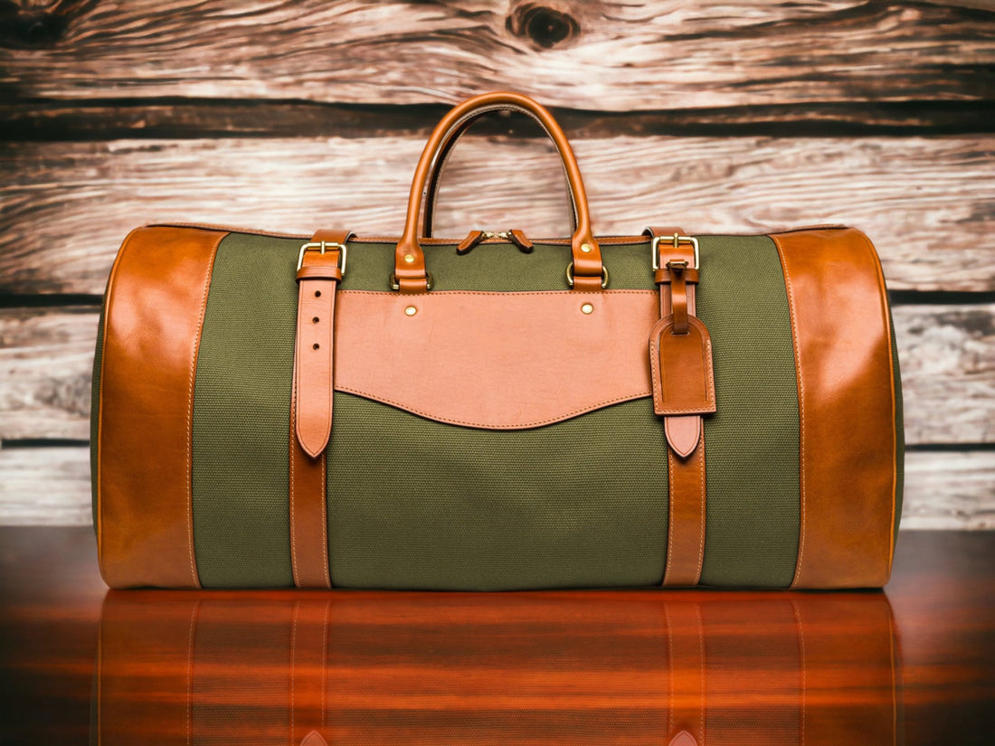 Khaki Canvas - Tan Leather | Duffle Bag | Handmade Duffle Bag  | Weekend Bag | Travel | Leather Bag | Duffle Purse Crossbody | Limited  99percenthandmade Khaki  -  Tan Small - Liner No 