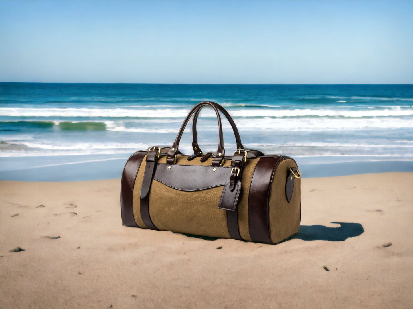 Khaki Canvas - Tan Leather | Duffle Bag | Handmade Duffle Bag  | Weekend Bag | Travel | Leather Bag | Duffle Purse Crossbody | Limited  99percenthandmade Sand - Dark Brown Small - Liner No 