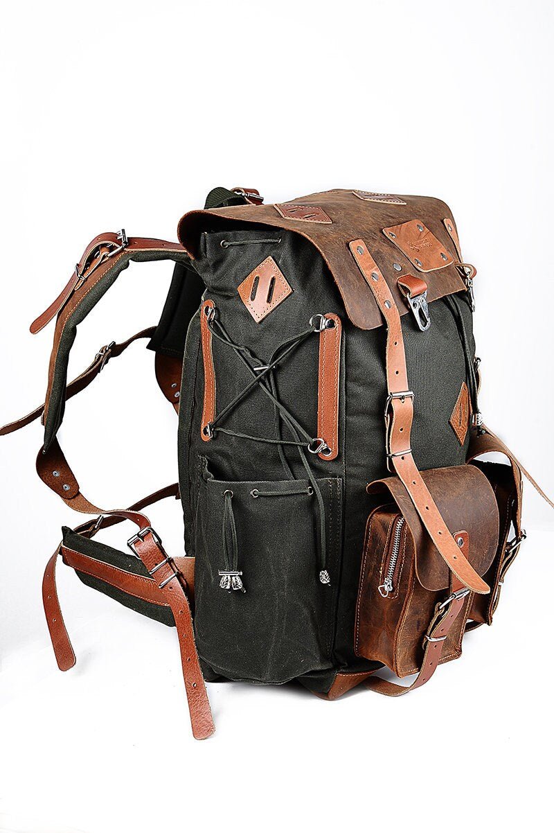 Laptop Backpack Daypack Handmade Waxed Canvas and Leather, 40L-50L Size Options 99percenthandmade