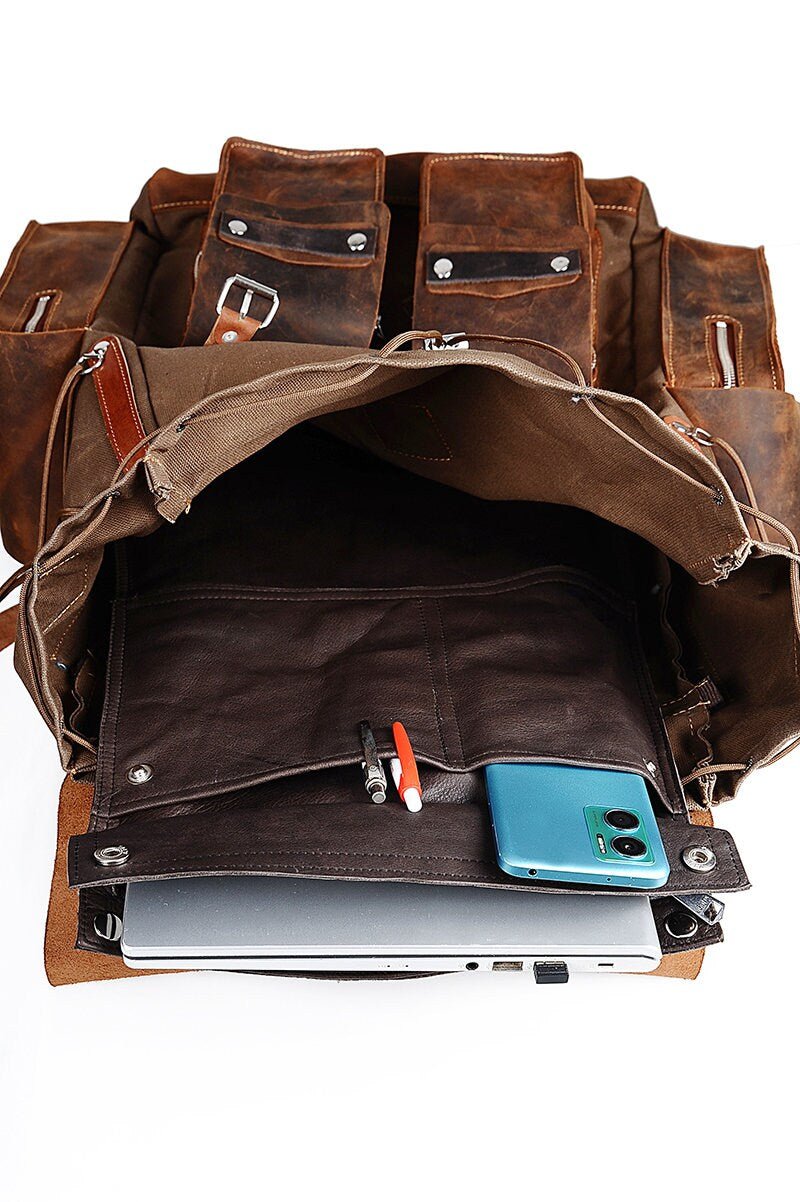 Laptop Backpack Daypack Handmade Waxed Canvas and Leather, 40L-50L Size Options  99percenthandmade   