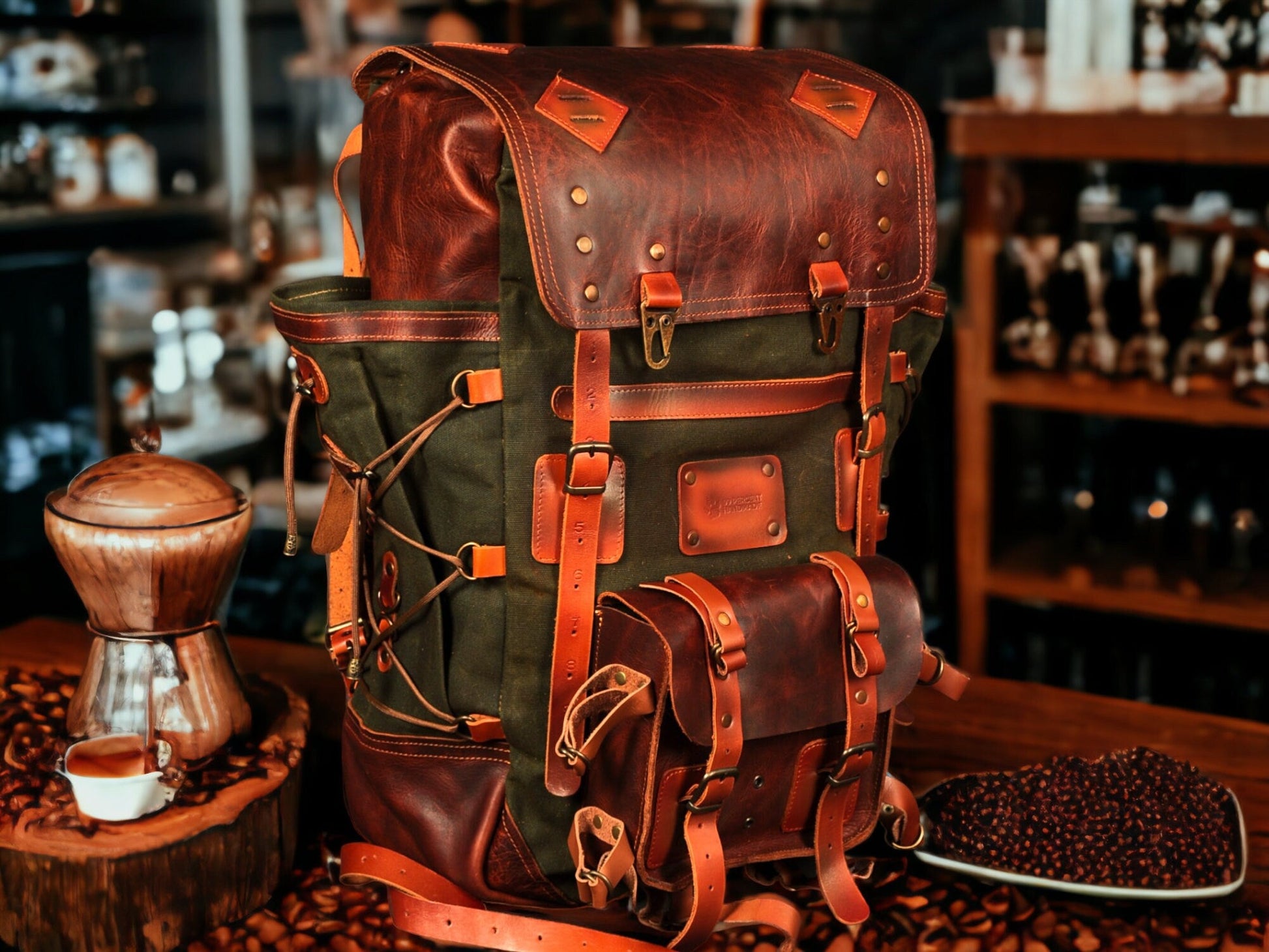 Laptop Backpack suitable for 2 Laptop, 2 compartments leather and waxed canvas backpack  99percenthandmade   