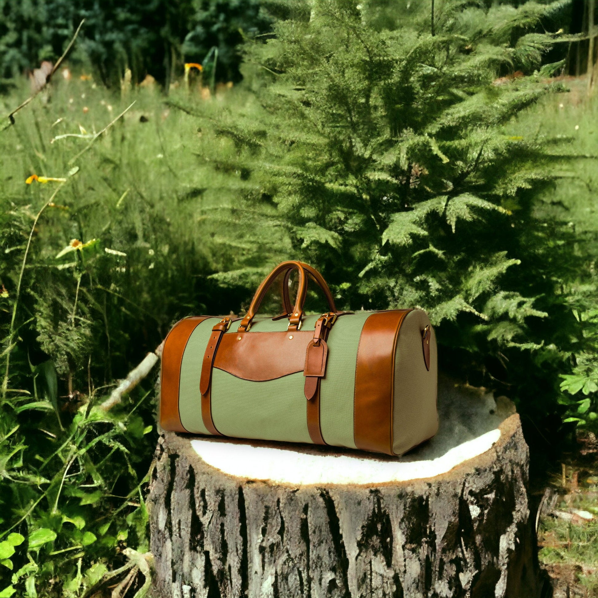 Leather and Canvas | Duffle Bag | Handmade Duffle Bag  | Weekend Bag | Travel | Leather Bag | Duffle Purse Crossbody | Limited  99percenthandmade Green - Tan Small - Liner No 