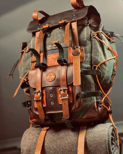 Leather Backpack | Handmade Backpack | Rucksack Backpack | Hiking Backpack | Sport Backpack | Leather-Canvas Backpack | Camping |  99percenthandmade 30 Babylon Green 
