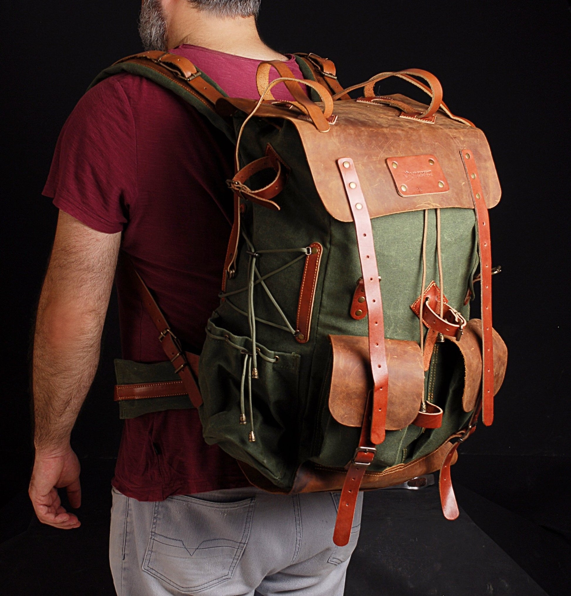 Leather Backpack | Handmade Backpack | Rucksack Backpack | Hiking Backpack | Sport Backpack | Leather-Canvas Backpack | Camping |  99percenthandmade 30 Giza Green 