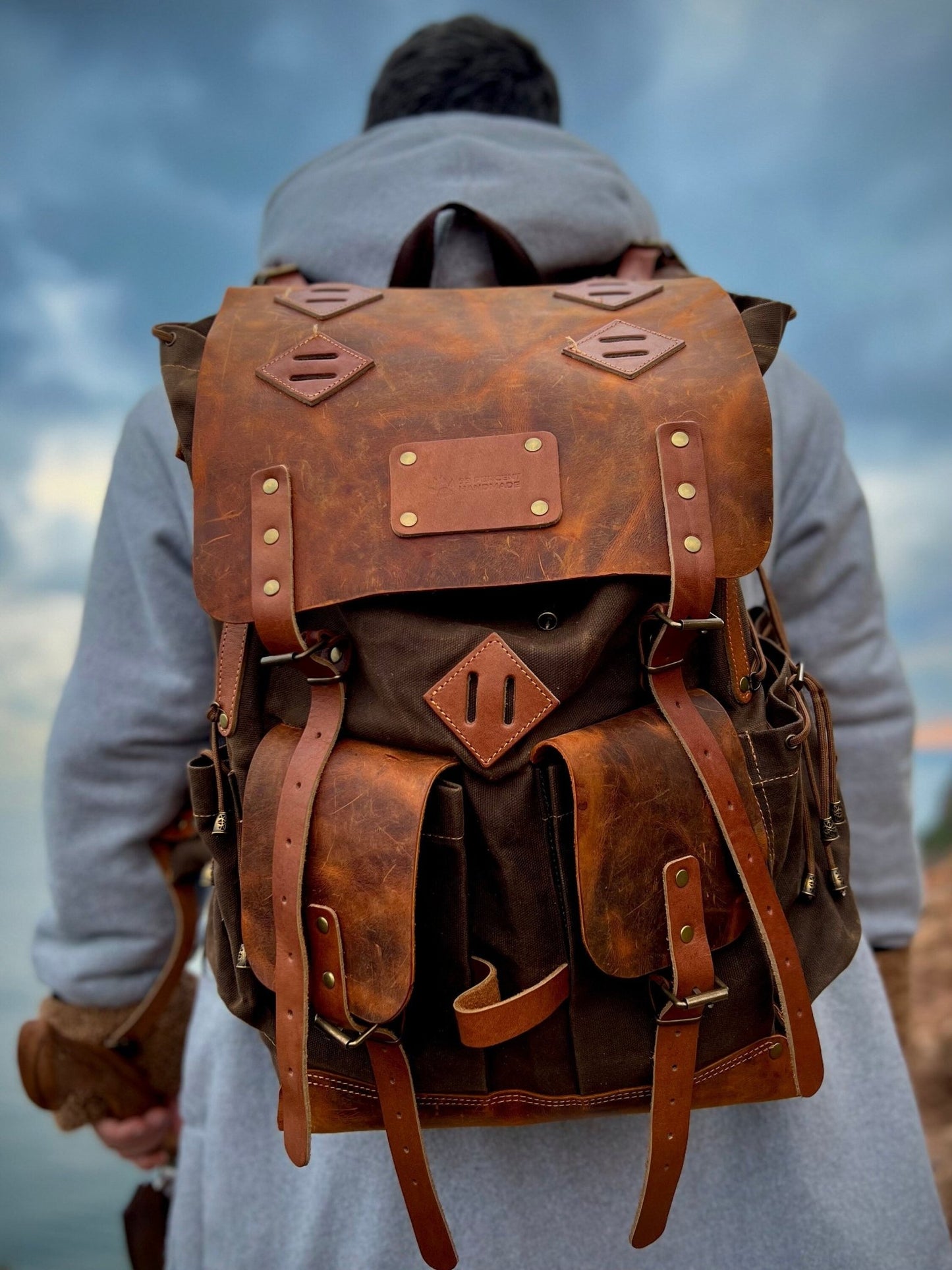 Leather Backpack | Handmade Backpack | Rucksack Backpack | Hiking Backpack | Sport Backpack | Leather-Canvas Backpack | Camping |  99percenthandmade 30 Giza Brown 