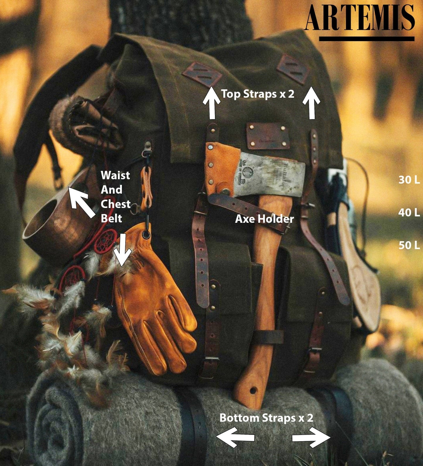 Leather Backpack | Handmade Backpack | Rucksack Backpack | Hiking Backpack | Sport Backpack | Leather-Canvas Backpack | Camping |  99percenthandmade 30 Artemis Green 