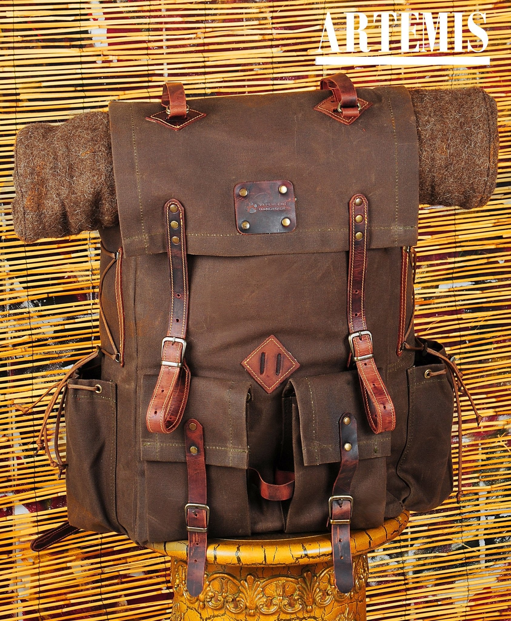 Leather Backpack | Handmade Backpack | Rucksack Backpack | Hiking Backpack | Sport Backpack | Leather-Canvas Backpack | Camping |  99percenthandmade 30 Artemis Brown 