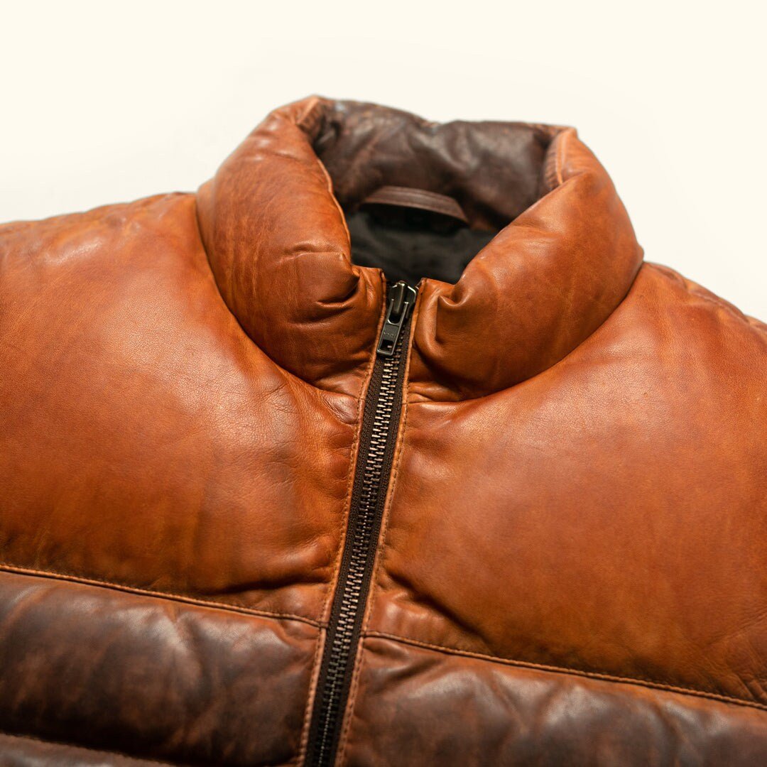 Leather Puffer Down Jacket (Light Brown)