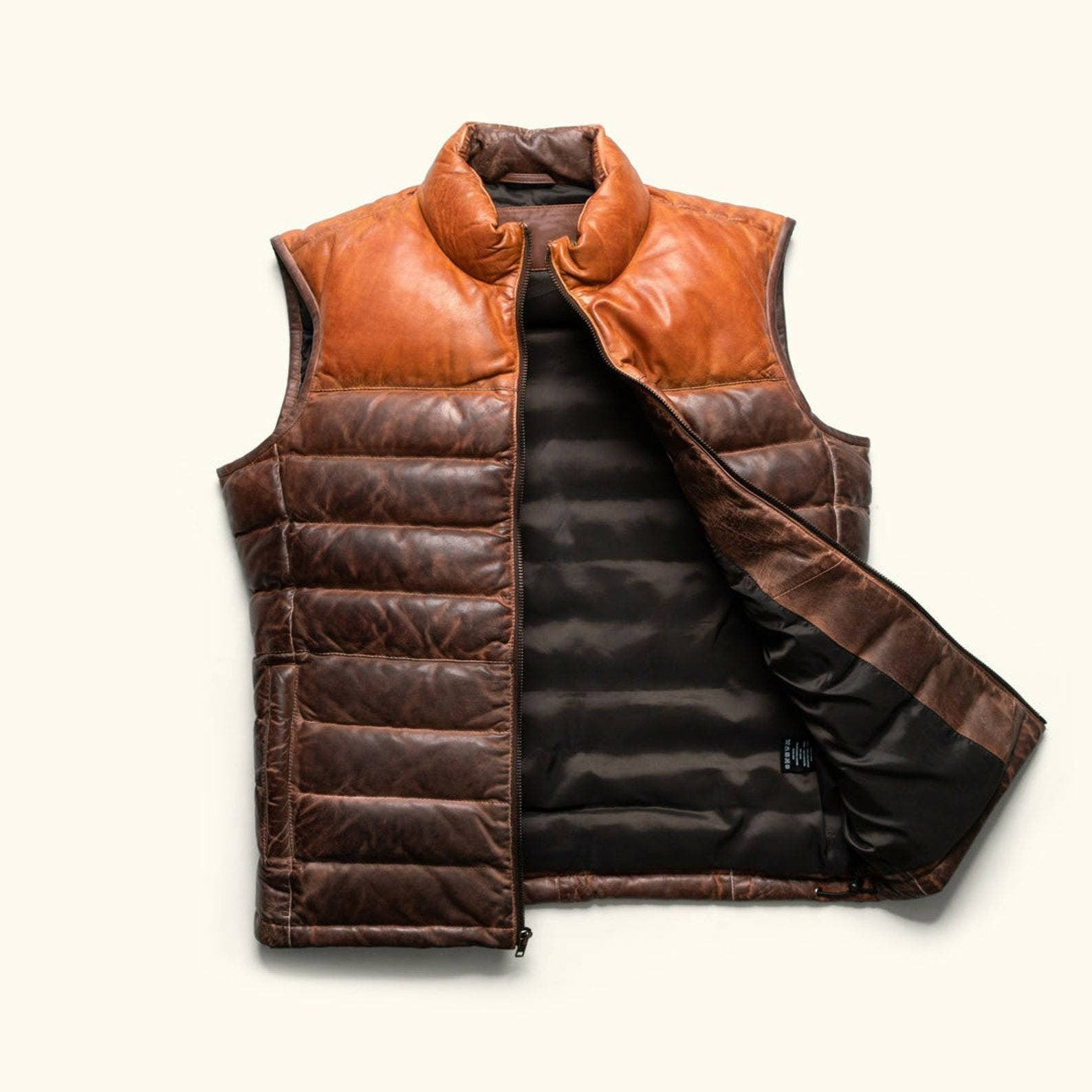 Leather Down Vest | Tailored to Your Size | Tan | Brown | Leather